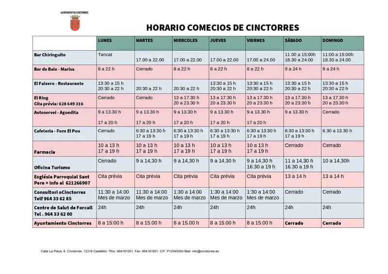 Cinctorres actualiza los horarios de sus comercios para el verano de 2026