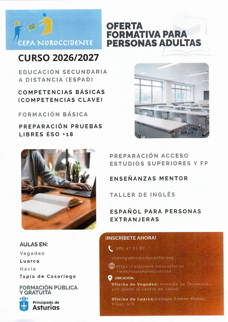 El CEPA Noroccidente de Vegadeo abre inscripciones para su oferta formativa de adultos