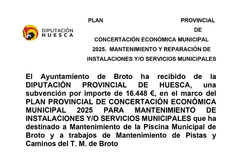 Broto destina 16.448€ de la Diputación a la piscina y caminos municipales