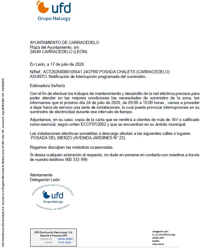 Corte de suministro eléctrico programado en Posada del Bierzo el 24 de julio