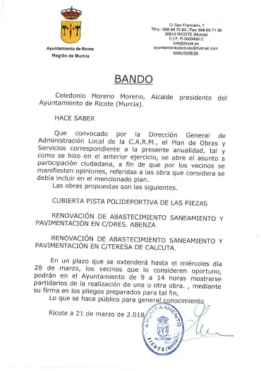 Ricote aprueba las bases para la explotación de la cantina de la piscina municipal