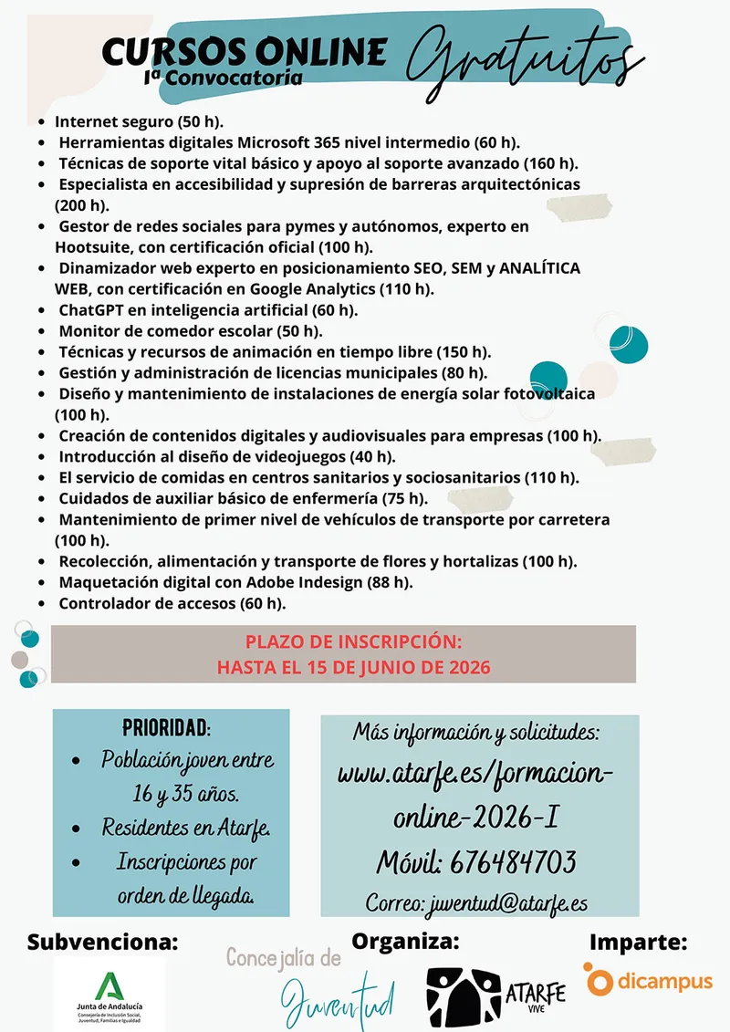 Atarfe ofrece 19 cursos online gratuitos para jóvenes de 16 a 35 años