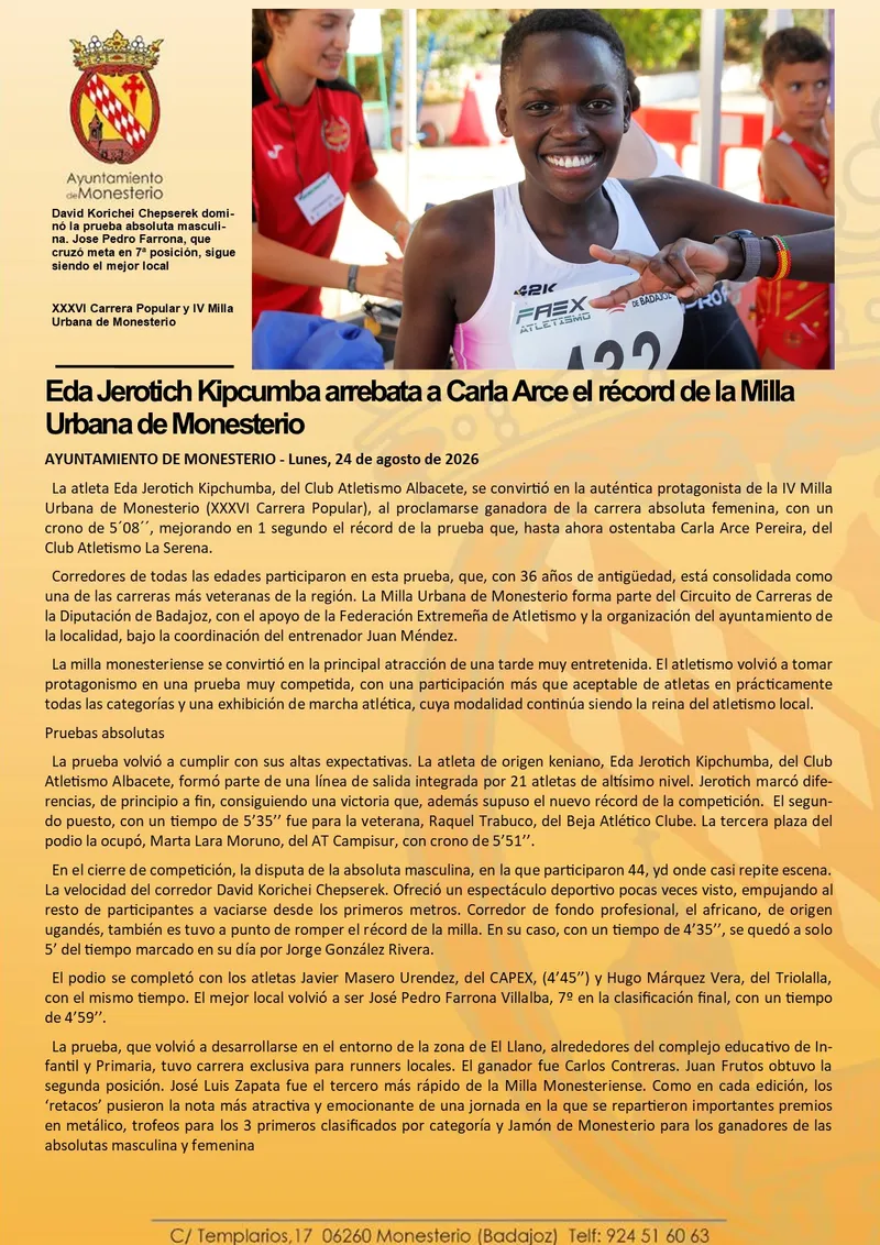 Eda Jerotich Kipcumba pulveriza el récord de la Milla Urbana de Monesterio
