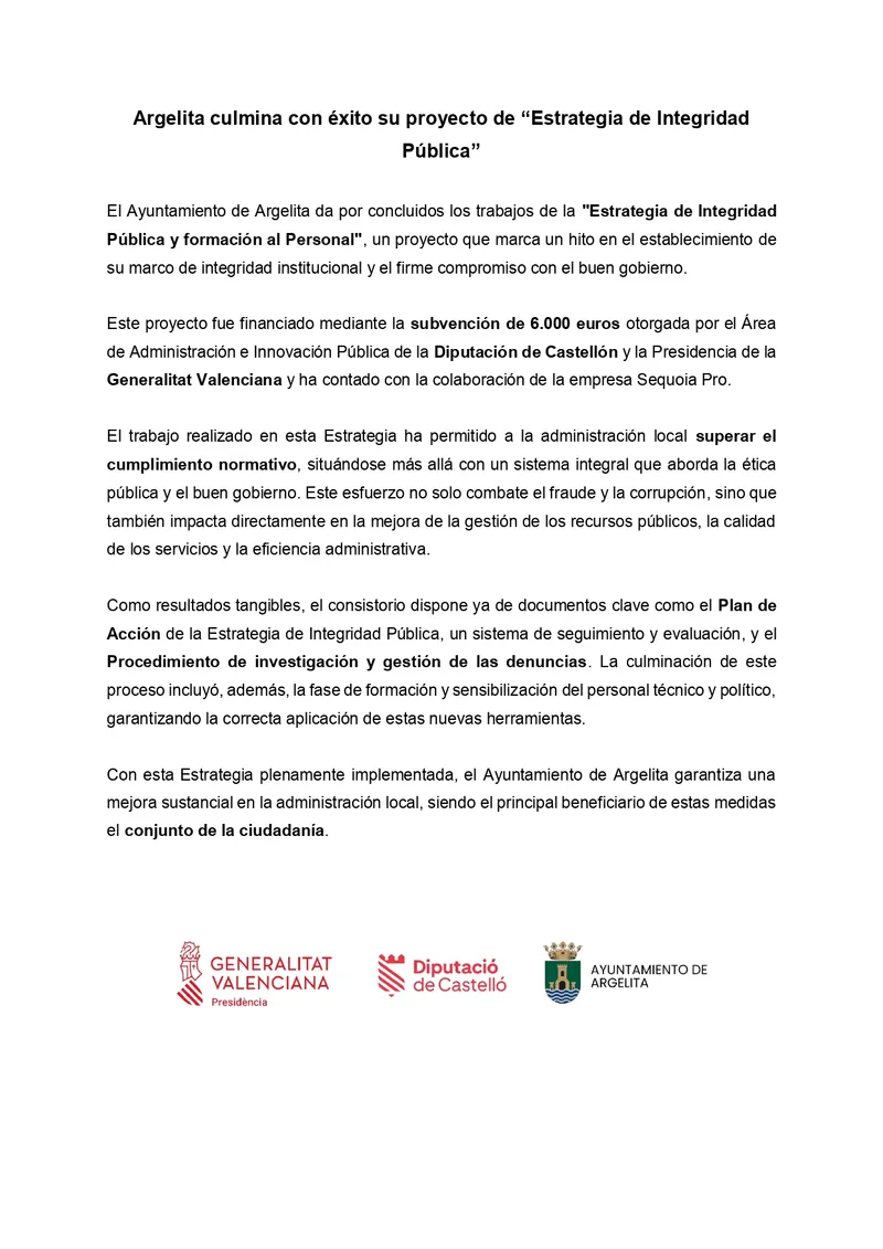 Argelita finaliza su proyecto de Estrategia de Integridad Pública