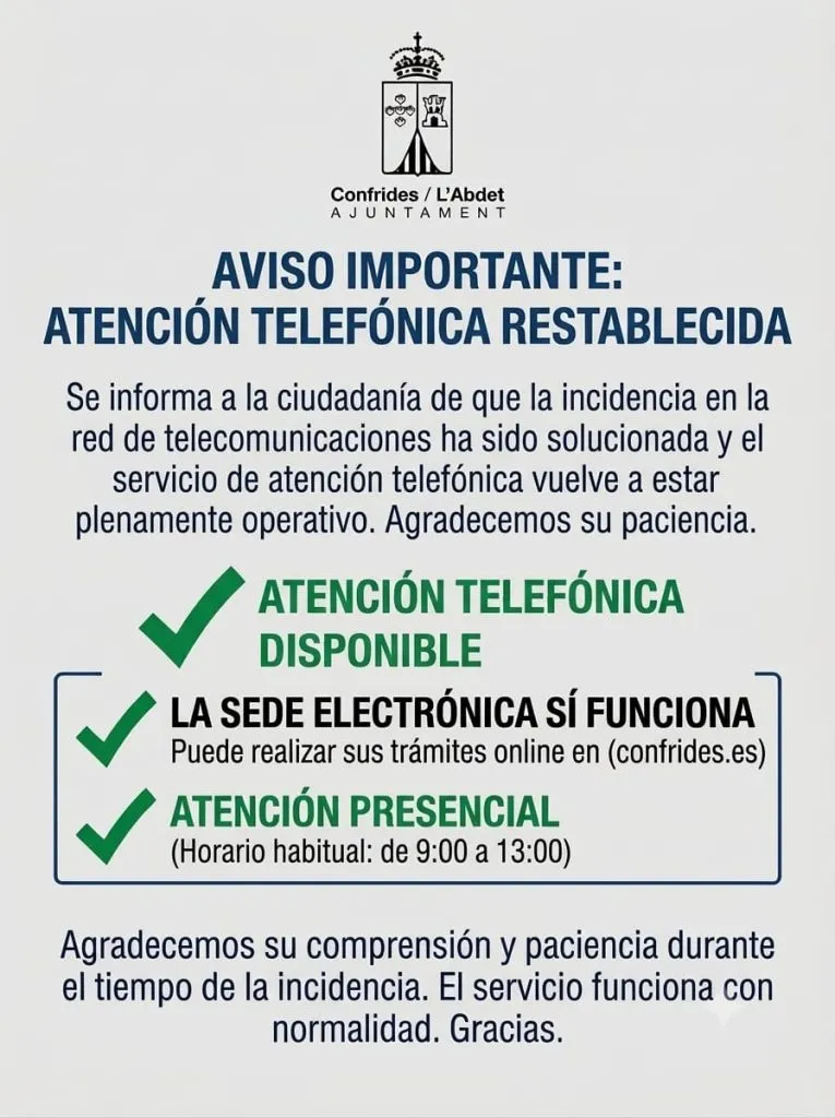 Restablecido el servicio telefónico del Ayuntamiento de Confrides tras una incidencia