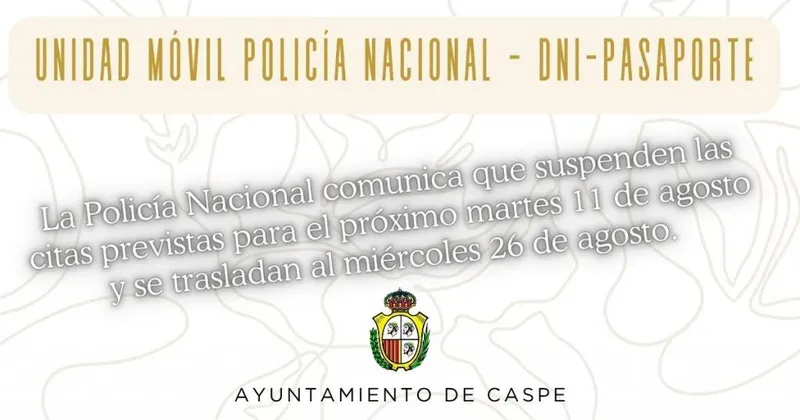 Caspe: Suspensión y reprogramación de citas para el DNI y pasaporte