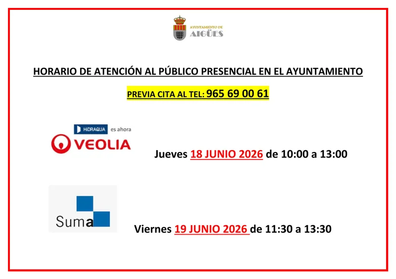 Aigües habilita atención presencial para SUMA e Hidraqua en el Ayuntamiento