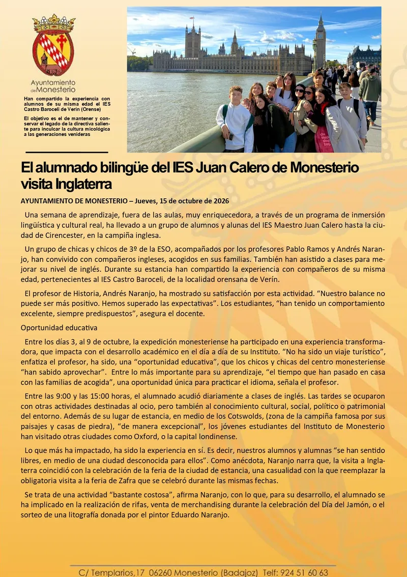 Alumnado bilingüe del IES Juan Calero de Monesterio viaja a Inglaterra