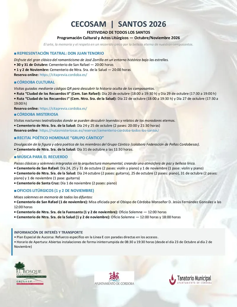 Actividades culturales y litúrgicas para Todos los Santos 2026 en los cementerios de Córdoba