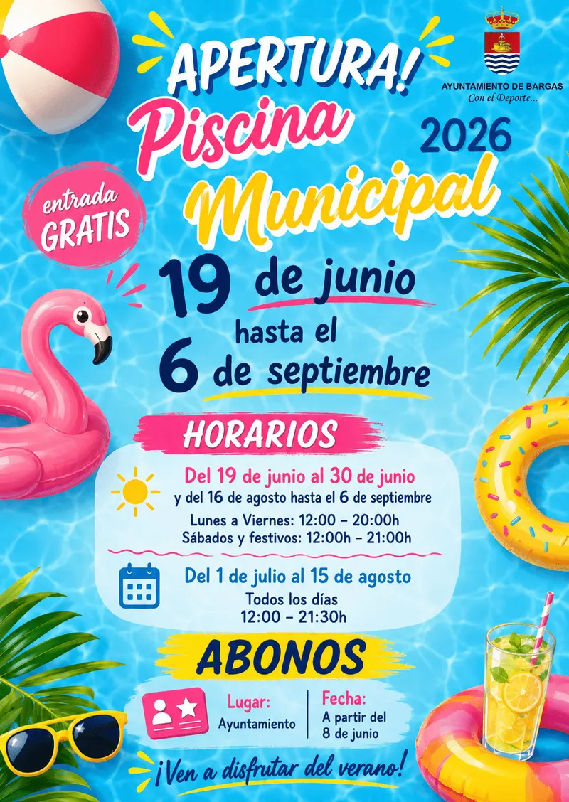 Bargas abre la piscina municipal el 19 de junio con entrada gratuita y horarios ampliados