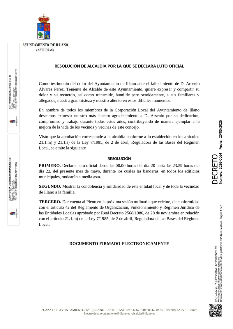 Illano declara luto oficial por el fallecimiento de un vecino