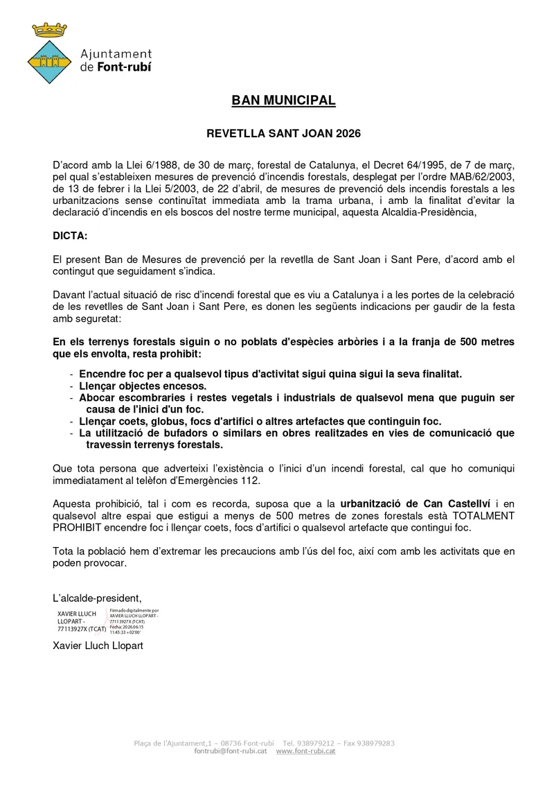 Font-rubí recuerda las prohibiciones para evitar incendios en Sant Joan i Sant Pere