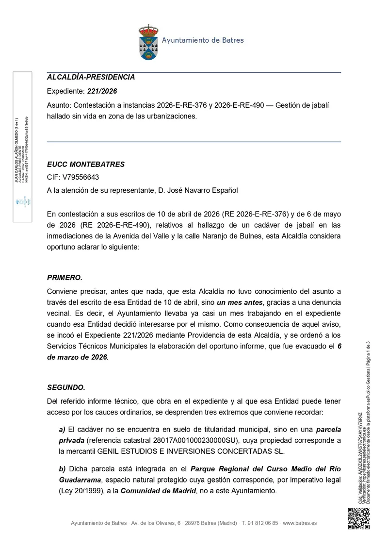 Batres responde a la EUCC Montebatres sobre la presencia de jabalíes