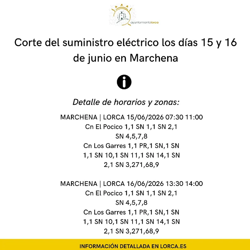 Corte de luz en Marchena (Lorca) los días 15 y 16 de junio por obras de mantenimiento