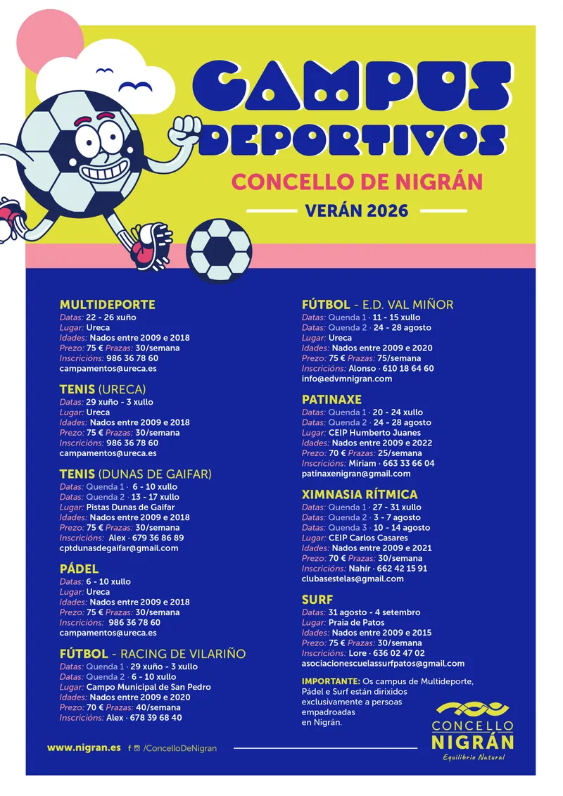 Nigrán abre inscripciones para sus campus deportivos de verano con 15 opciones
