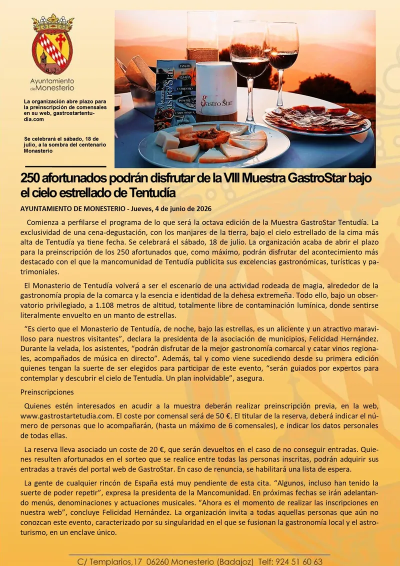 La VIII Muestra GastroStar llega a Tentudía con 250 plazas para disfrutar bajo las estrellas