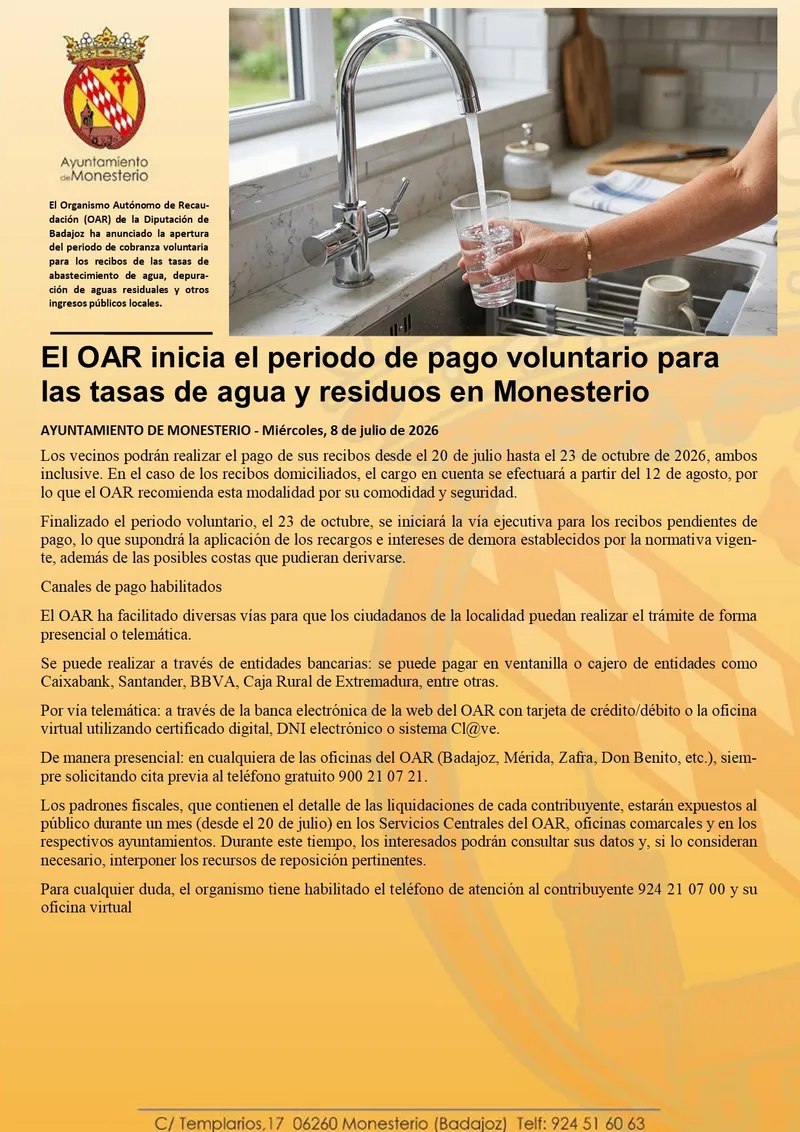 Monesterio abre el plazo para el pago voluntario de las tasas de agua y residuos