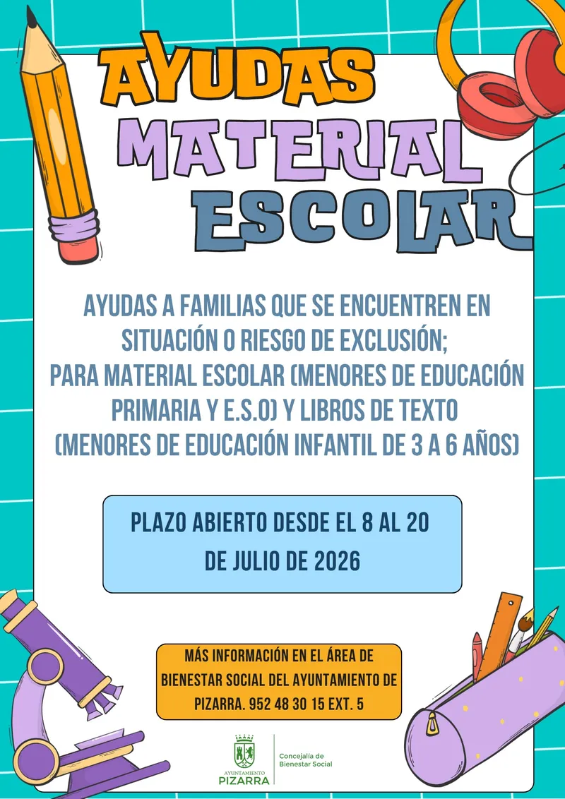 Pizarra abre el plazo para ayudas de material escolar y libros de texto
