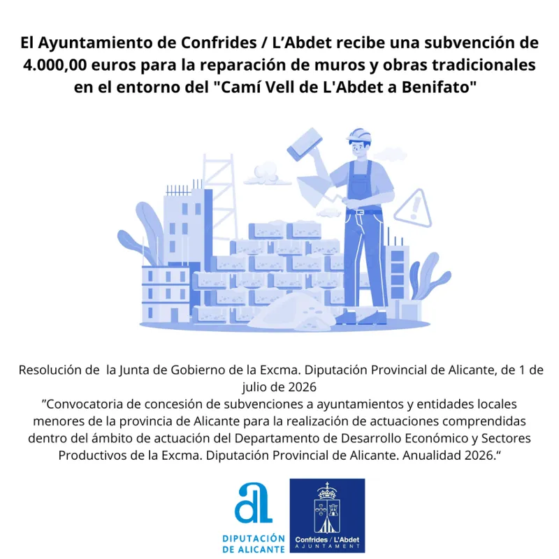 Diputación de Alicante concede 4.000€ a Confrides para restaurar muros y caminos tradicionales
