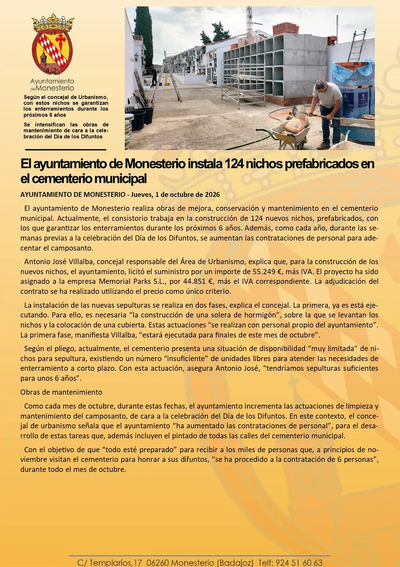 Monesterio amplía su camposanto con 124 nichos prefabricados