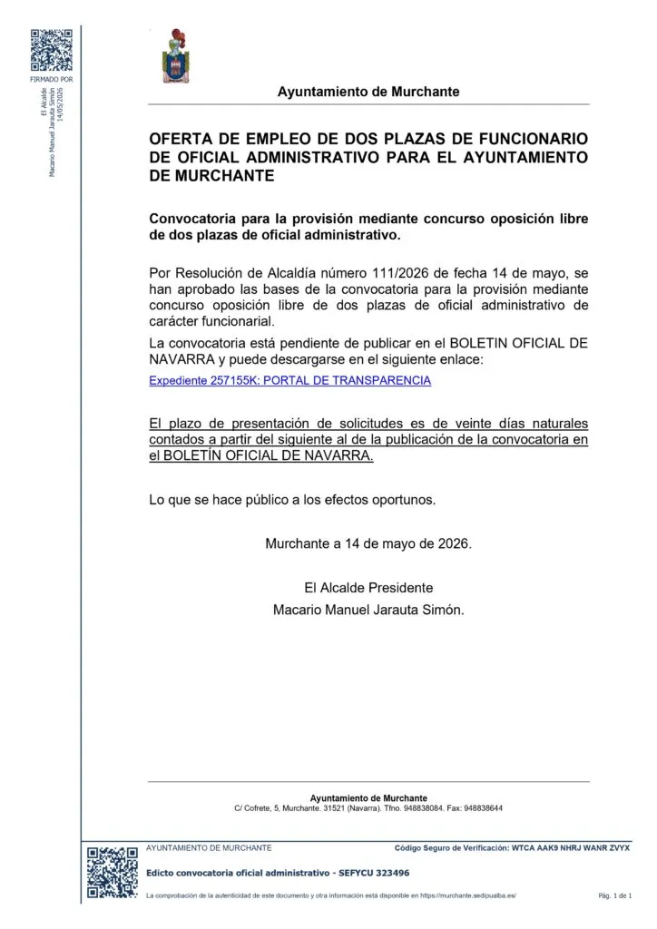 Murchante convoca dos plazas de oficial administrativo para el Ayuntamiento