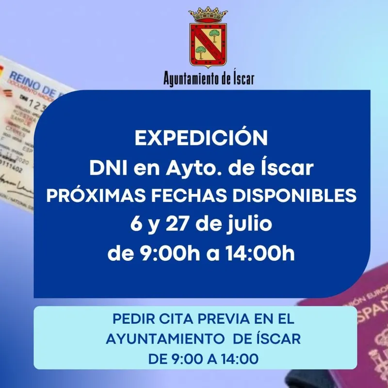El Ayuntamiento de Íscar habilita citas para la expedición del DNI en julio