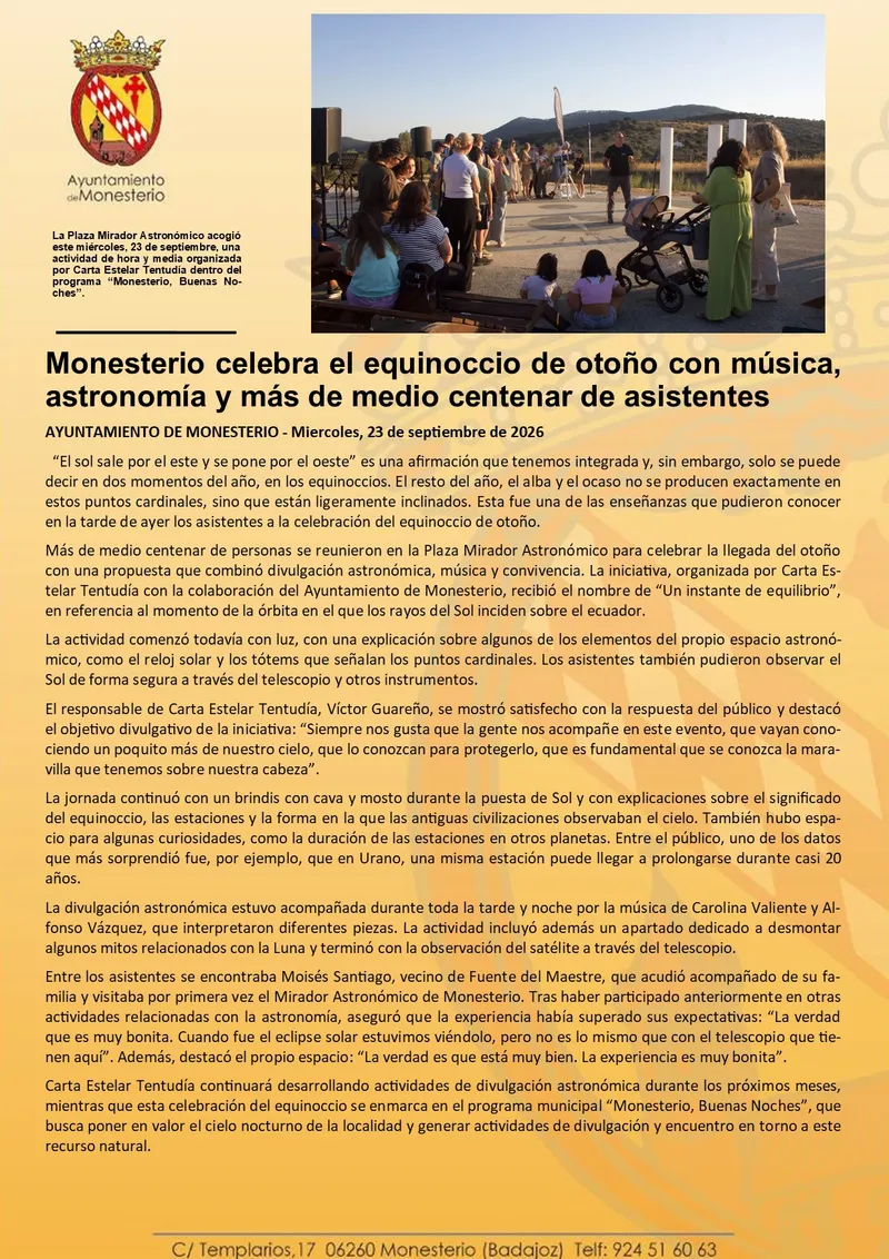 Monesterio celebra la llegada del otoño con un evento astronómico y musical