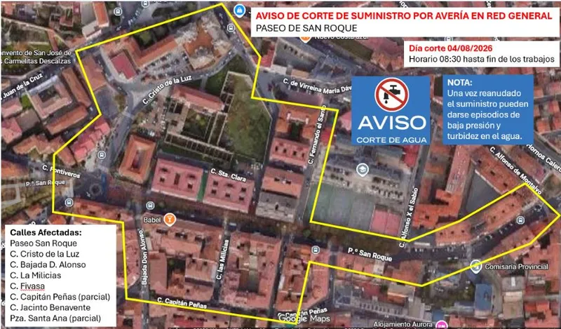Corte de agua este martes en varias calles de Ávila por avería