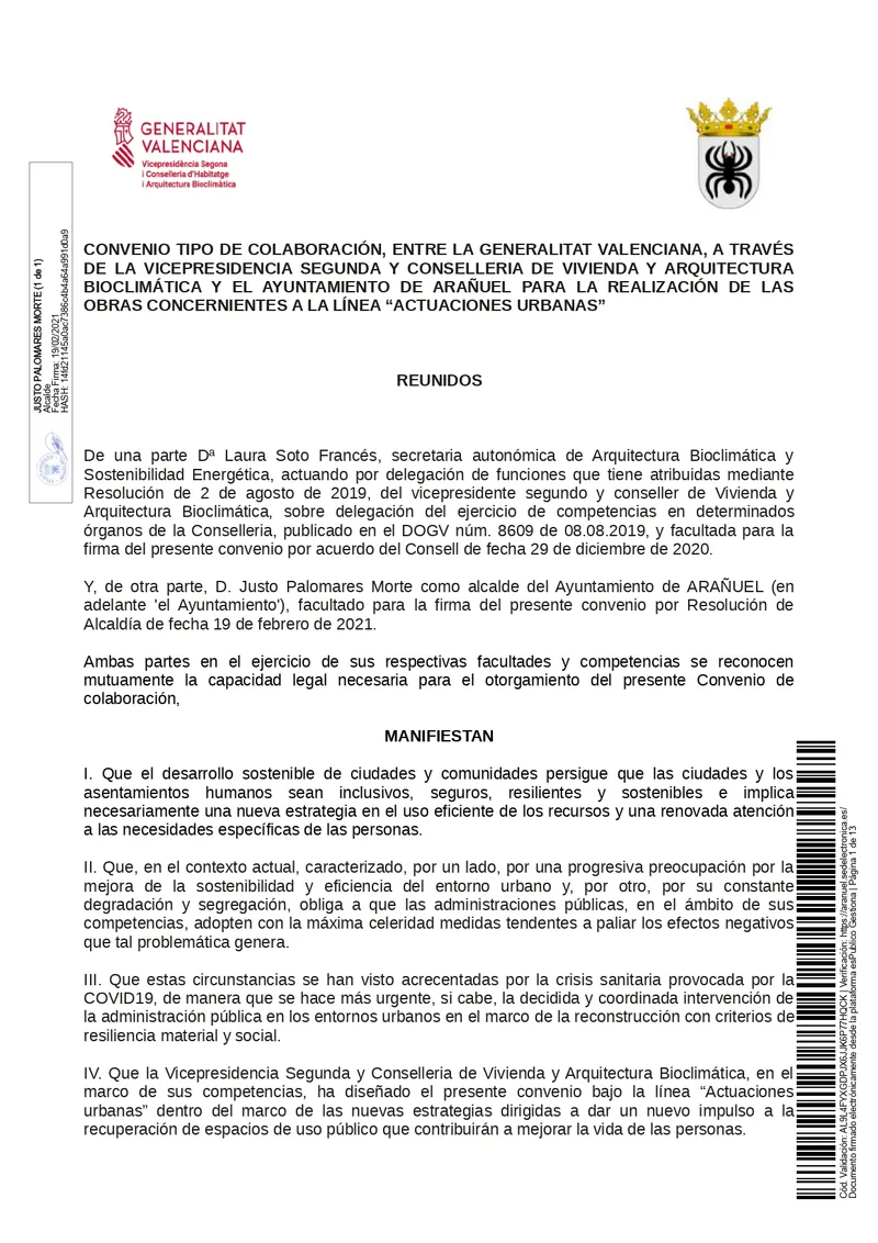 Arañuel y Generalitat Valenciana firman convenio para obras urbanas