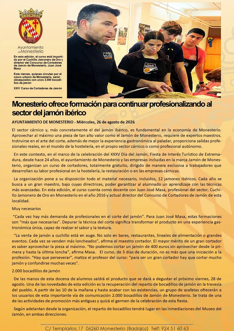 Monesterio impulsa la profesionalización del sector del jamón ibérico con un curso de corte