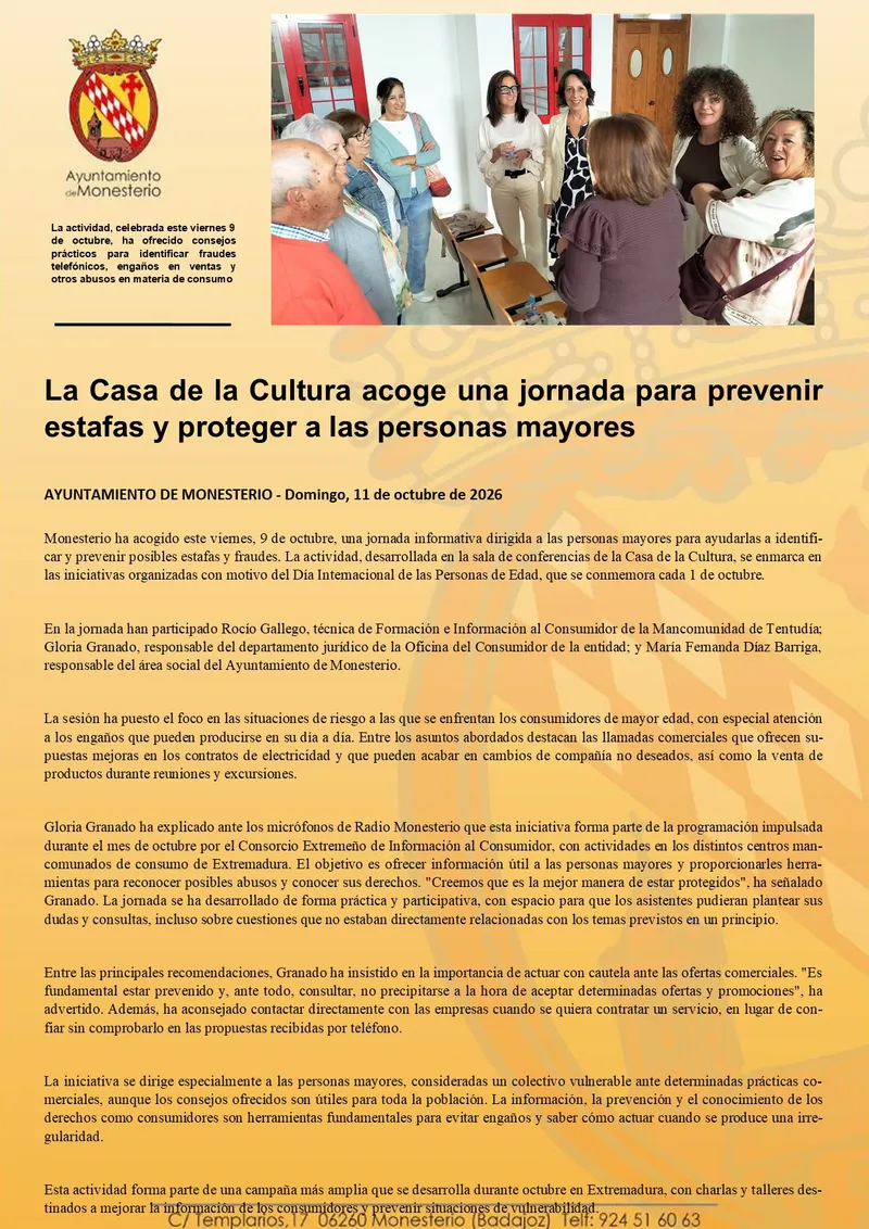 Monesterio organiza una jornada para alertar sobre estafas a personas mayores