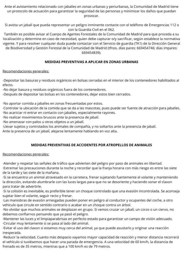 Protocolo oficial para actuar ante la presencia de jabalíes en municipios madrileños