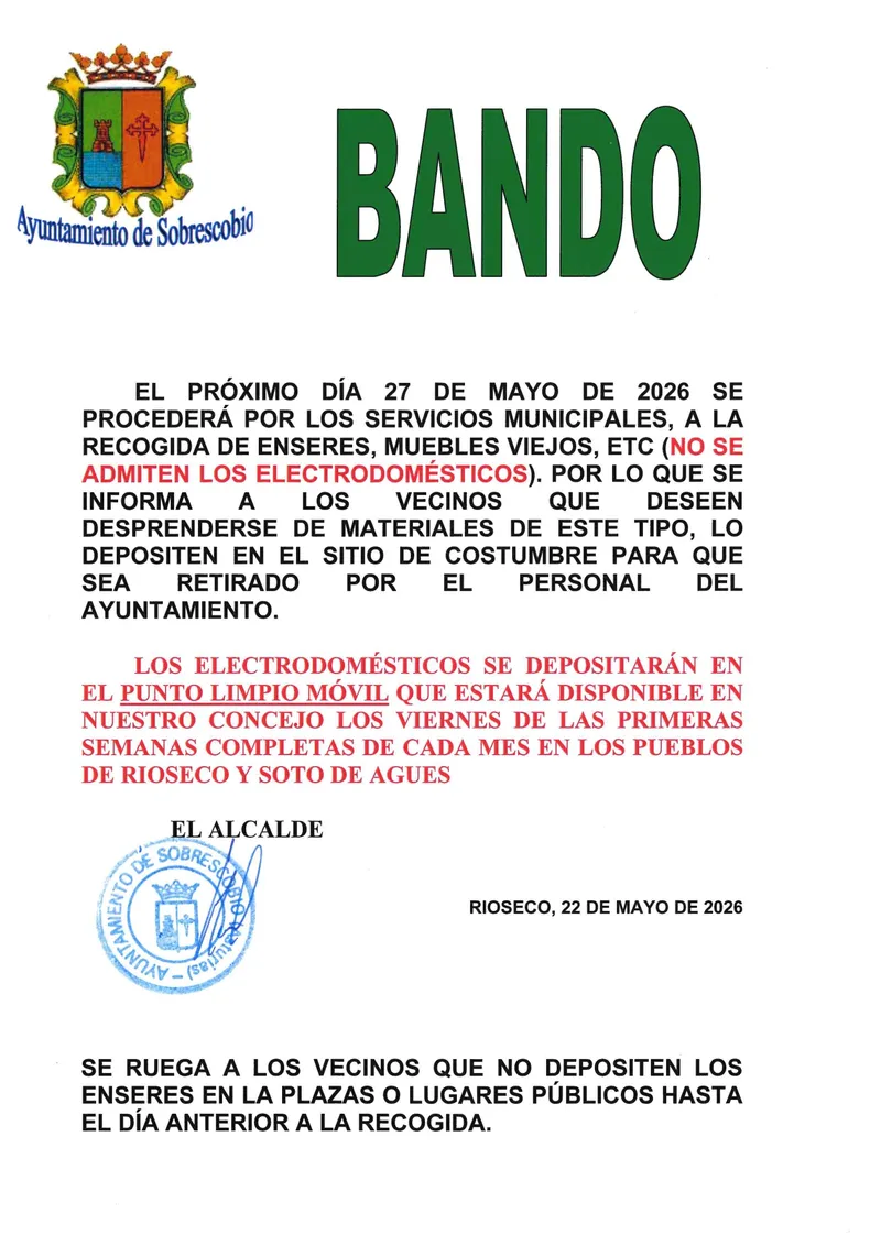 Sobrescobio organiza la recogida de muebles viejos el 27 de mayo