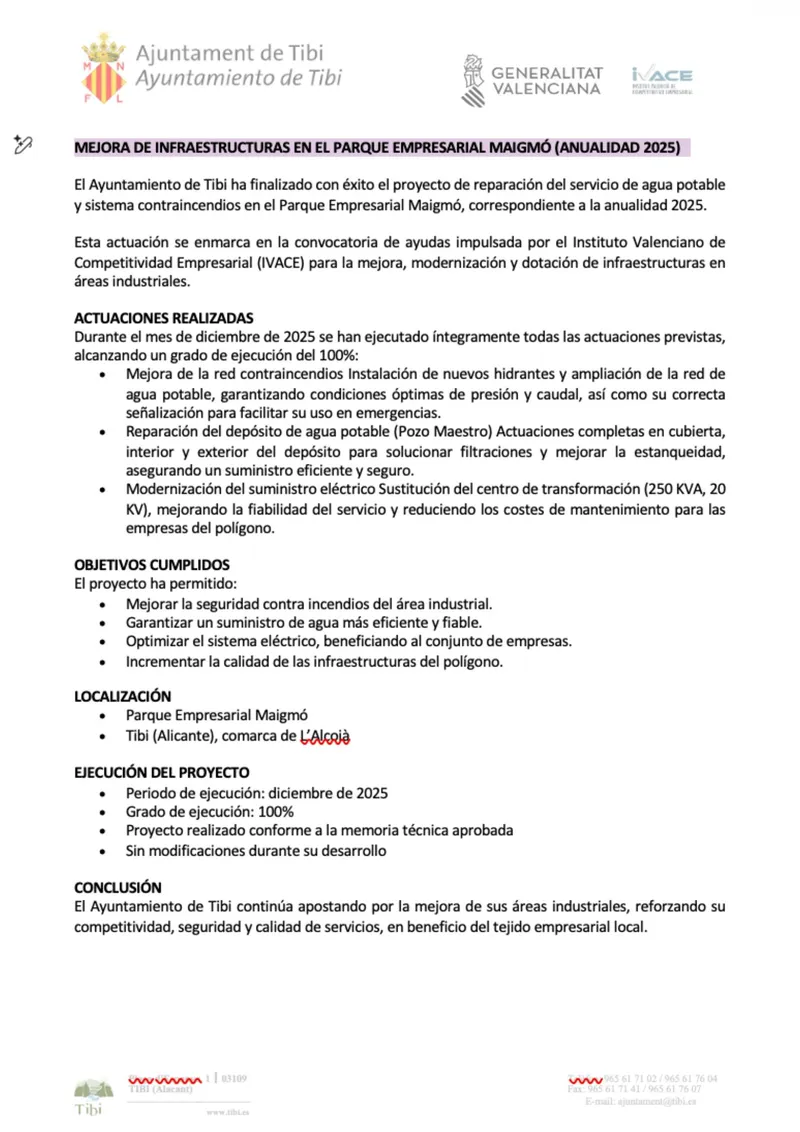 Mejoras en el polígono industrial Maigmó de Tibi para 2025