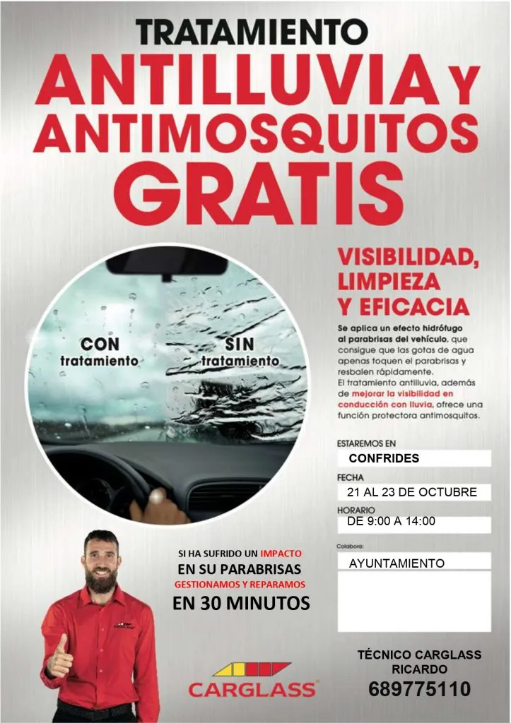Carglass ofrece tratamiento gratuito antilluvia y antimosquitos en Confrides
