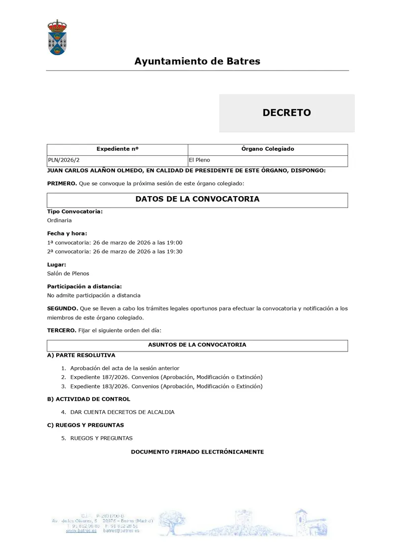 Batres convoca pleno extraordinario para el 26 de marzo