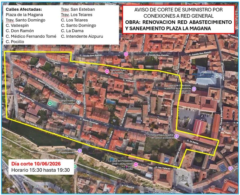 Corte de suministro de agua en Ávila por obras de renovación en Plaza de la Magana y C/ Vallespín