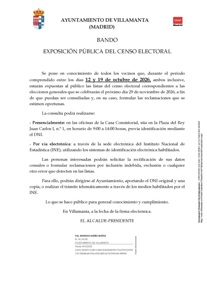 Villamanta abre el plazo para consultar el censo electoral hasta el 19 de octubre