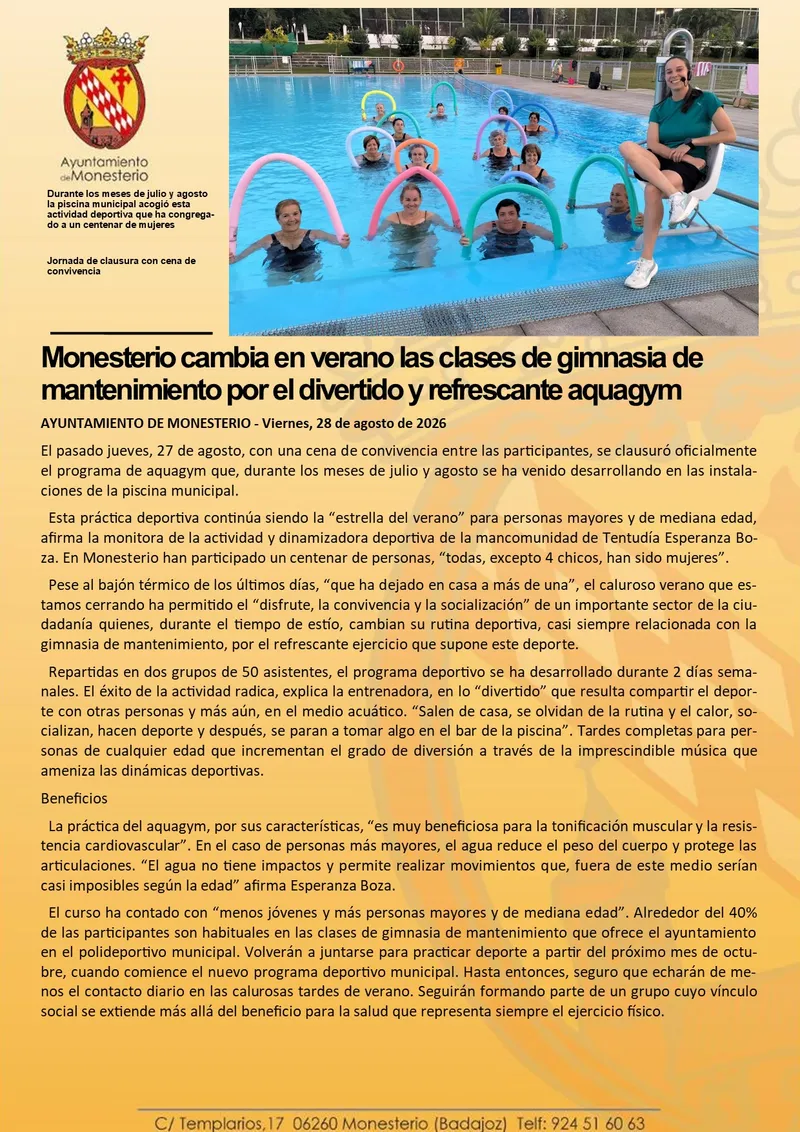 Monesterio sustituye la gimnasia de mantenimiento por aquagym en verano