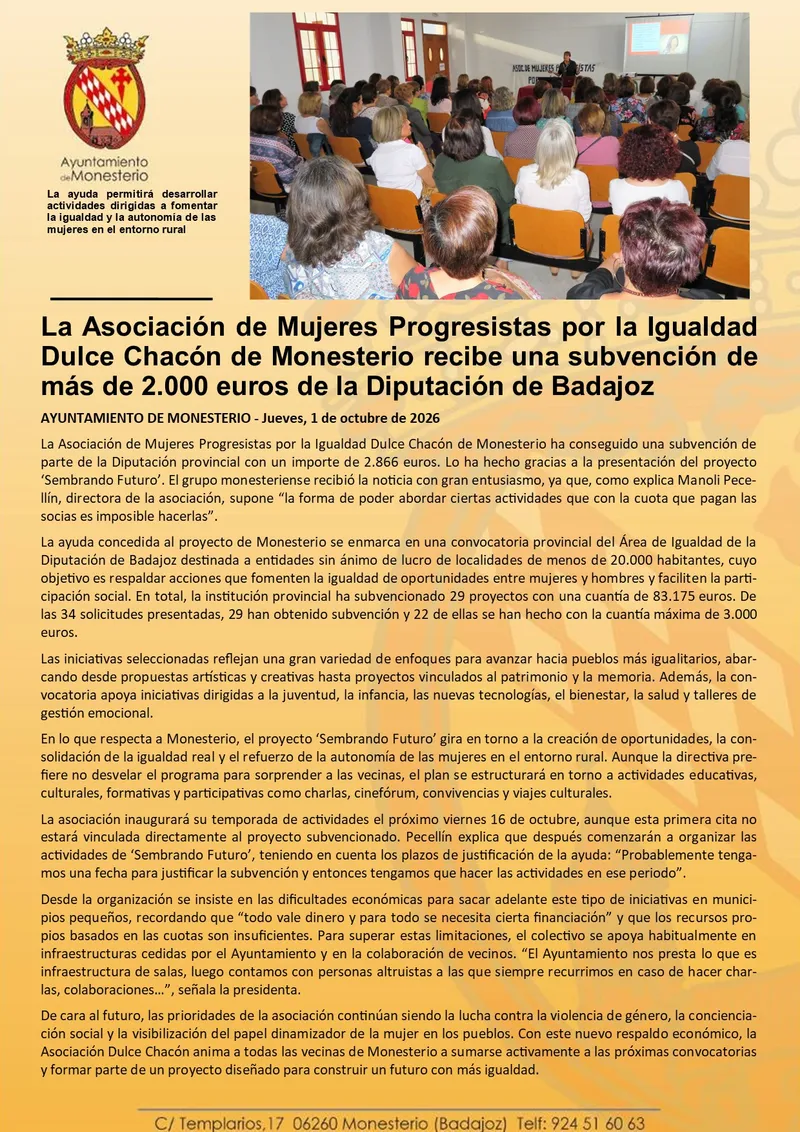La Asociación Dulce Chacón de Monesterio recibe más de 2.000 euros de la Diputación de Badajoz