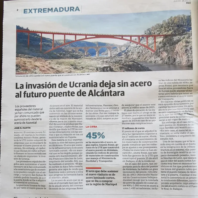 El puente de Alcántara, afectado por la escasez de materiales de Ucrania