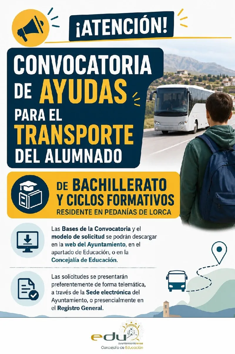 Lorca abre el plazo para ayudas al transporte de estudiantes de pedanías a Bachillerato y FP