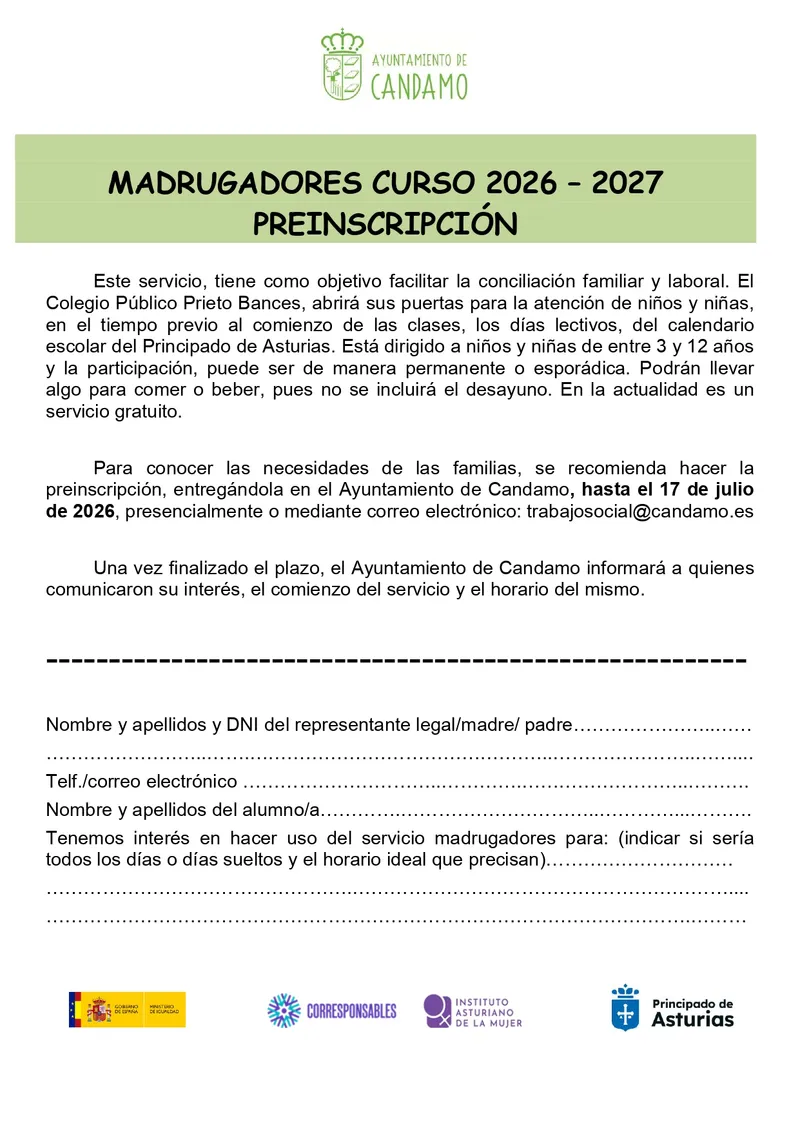 Candamo abre preinscripción para el servicio de madrugadores escolares 2026/2027