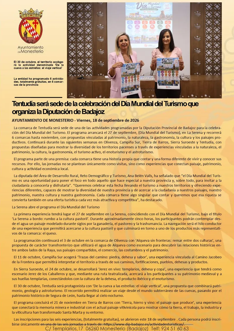 Tentudía acogerá la celebración del Día Mundial del Turismo organizada por la Diputación de Badajoz