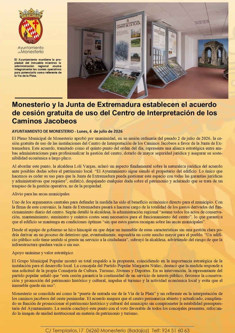 Monesterio y Junta de Extremadura ceden el Centro de Interpretación Jacobeo