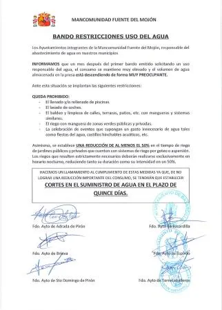 Alerta por situación crítica del suministro de agua en la Mancomunidad Fuente del Mojón