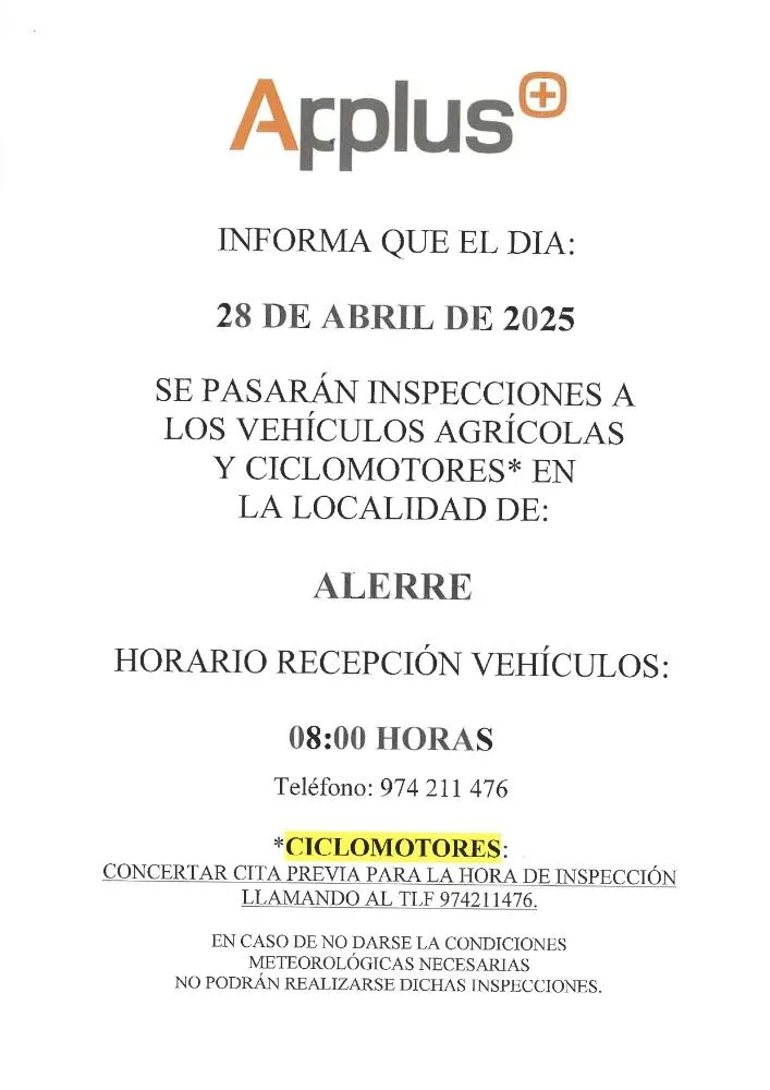 Alerre programa la inspección de vehículos agrícolas y ciclomotores para el 28 de abril