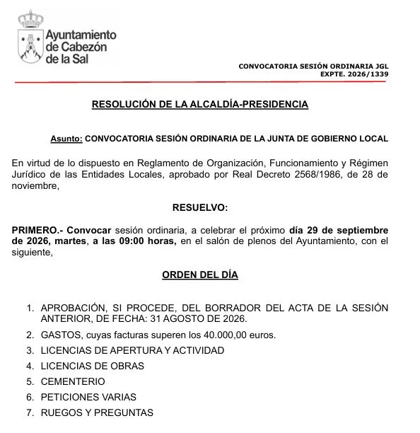 Cabezón de la Sal convoca pleno ordinario para el 30 de septiembre