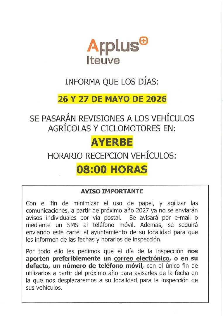 Ayerbe: Inspección técnica para vehículos agrícolas y ciclomotores los días 26 y 27 de mayo