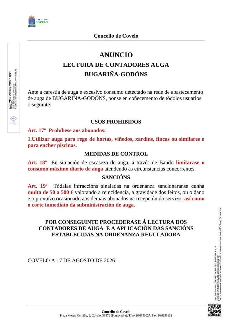 Restricciones de agua en Bugariña-Godóns por escasez y alto consumo